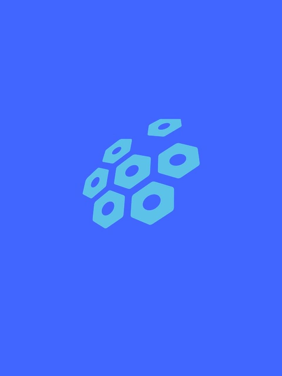 Cluster of light blue hexagonal shapes resembling cells or a honeycomb pattern arranged on a solid bright blue background.